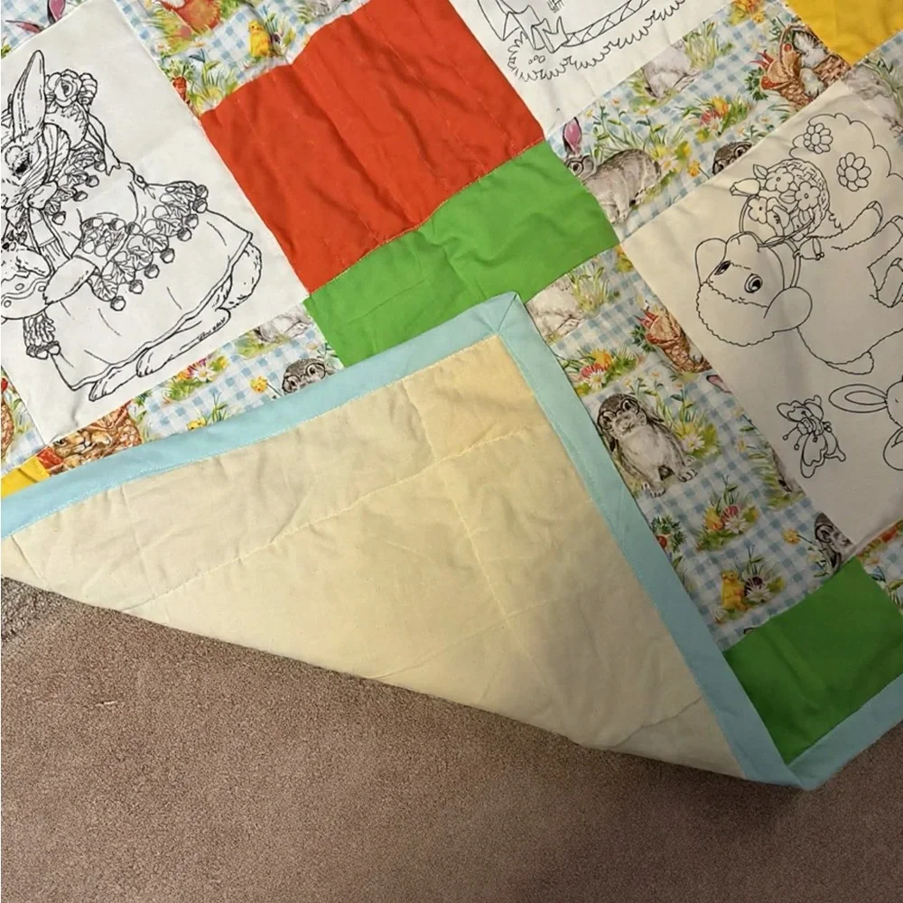 Easter Bunny Patchwork Coloring Quilted - Pastel Yellow, Green, Orange, Blue
